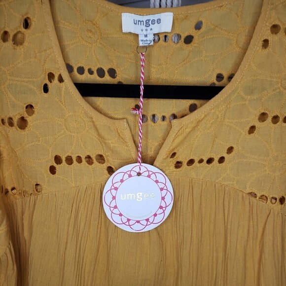 Umgee New Mustard Eyelet Floral Embroidered Boho Short Sleeve Top M - Picture 7 of 10